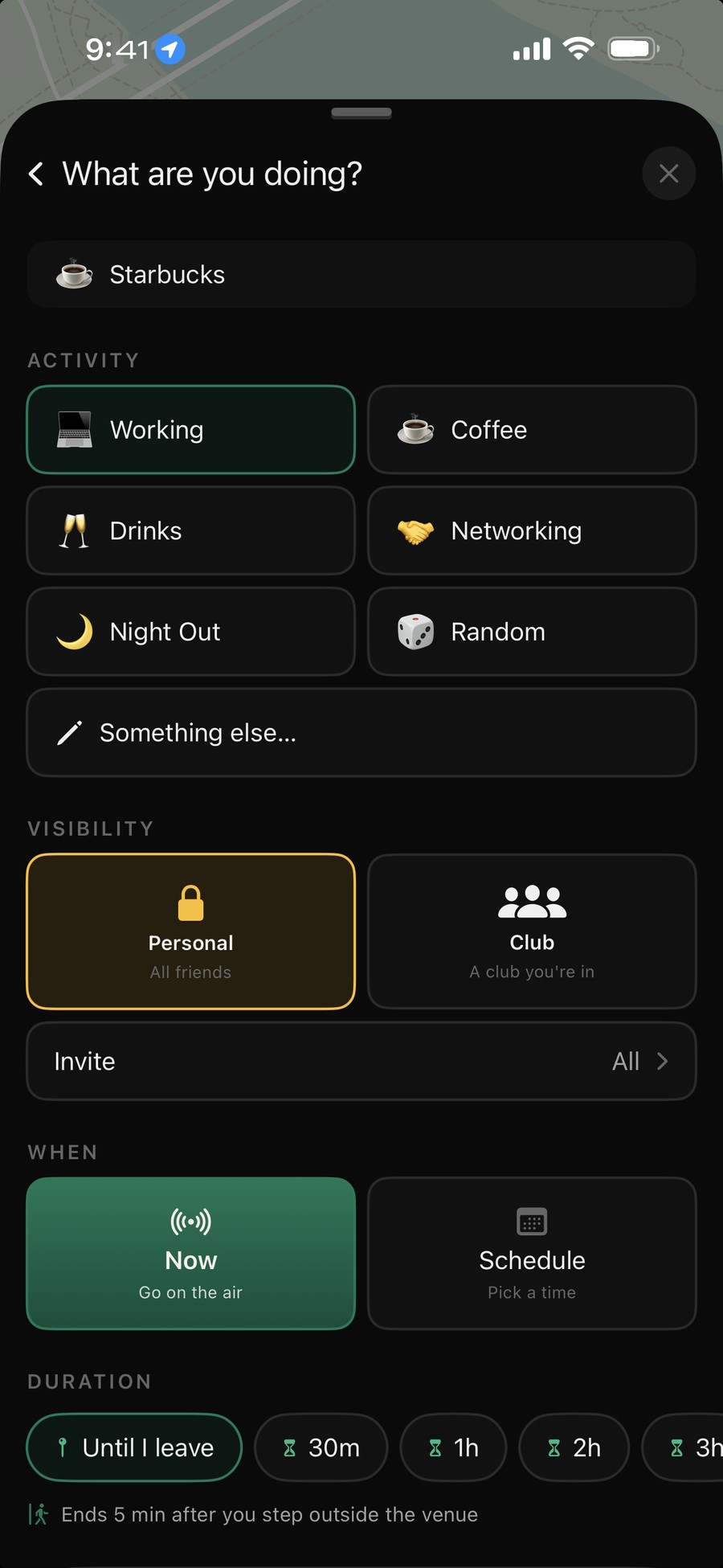The Air RNDV composer — choose your activity, visibility, and duration, then go on the air.